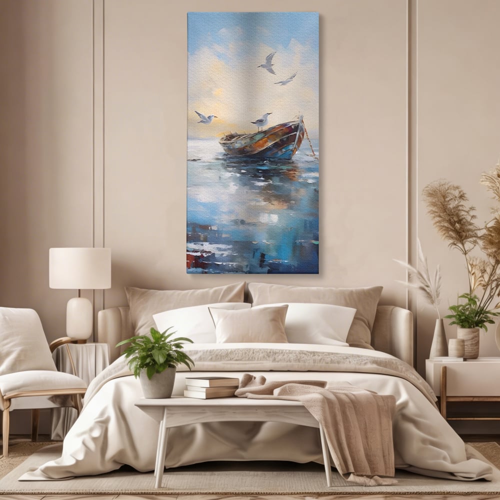 Tablou canvas cu tablou canvas cu barca si pescarusi, fara rama, pe sasiu de lemn, pe perete intr-un dormitor